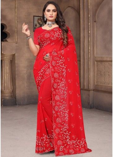 Red Georgette Saree In Thread Embroidery