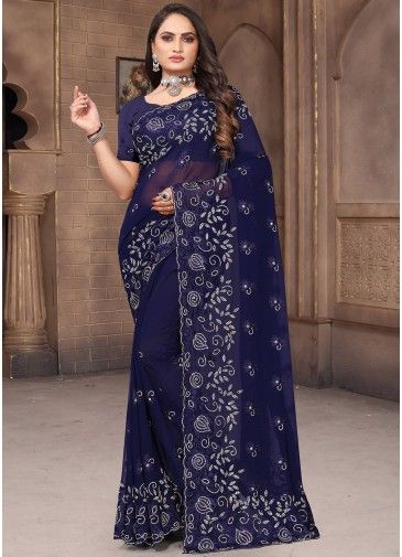 Blue Embroidered Georgette Saree & Blouse
