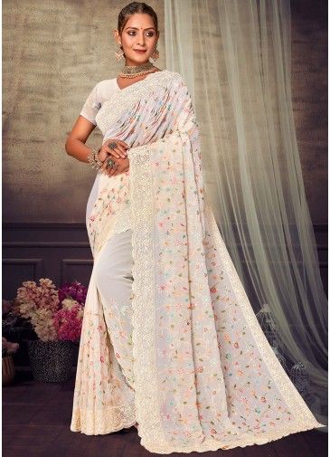 Off White Embroidered Saree In Georgette