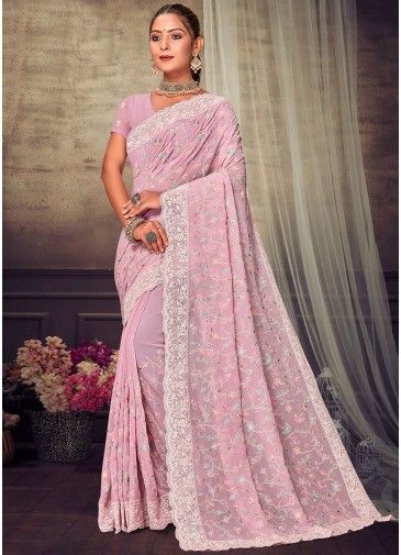 Pink Floral Embroidered Georgette Saree