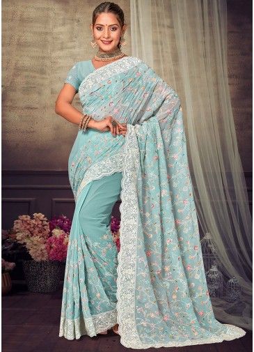 Blue Georgette Saree In Floral Embroidery