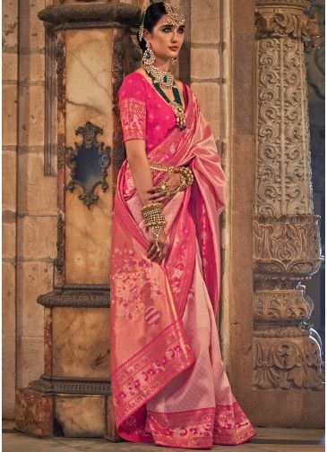 Pink Woven Jacquard Silk Saree & Blouse