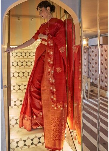 Red Tussar Silk Saree In Zari Woven Work