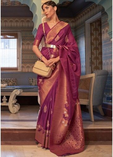 Purple Zari Woven Detailed Saree In Tussar Silk