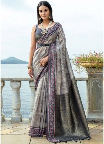 Grey Zari Woven Saree In Cotton Silk