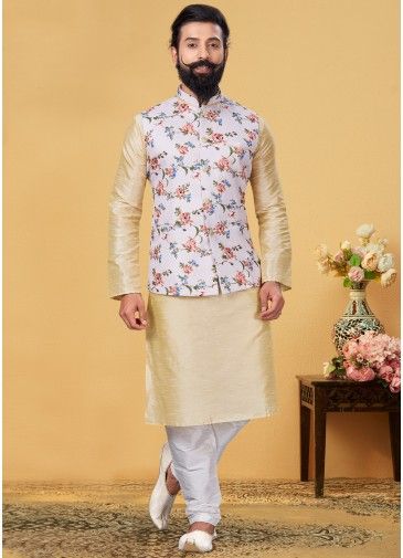 Cream Readymade Kurta Churidar With Floral Printed Jacket
