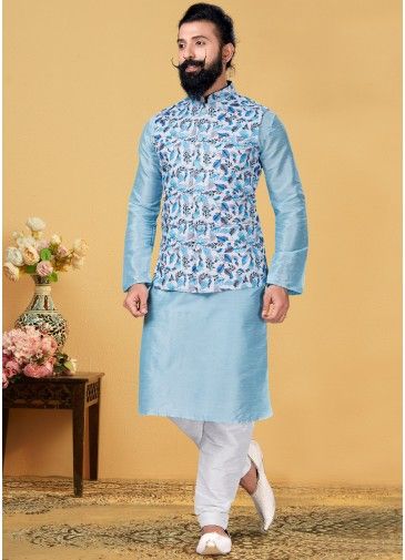 Readymade Blue Kurta Churidar With Printed Nehru Jacket