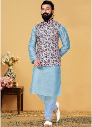 Blue Dupion Silk Kurta Churidar With Printed Nehru Jacket