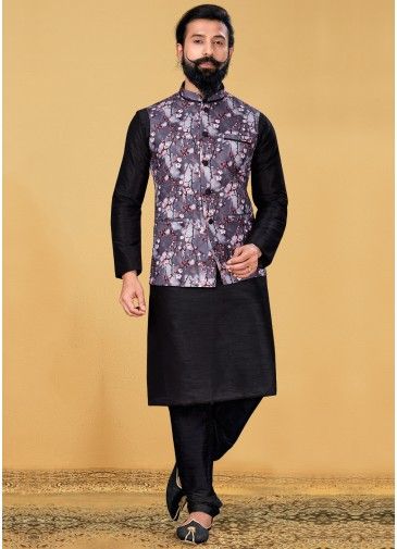 Black Kurta Churidar Set With Floral Printed Nehru Jacket