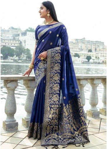 Blue Zari Woven Silk Saree & Blouse