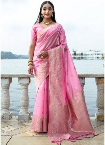 Pink Woven Detailed Saree In Silk