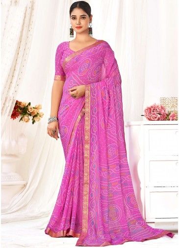 Pink Bandhej Printed Saree In Chiffon