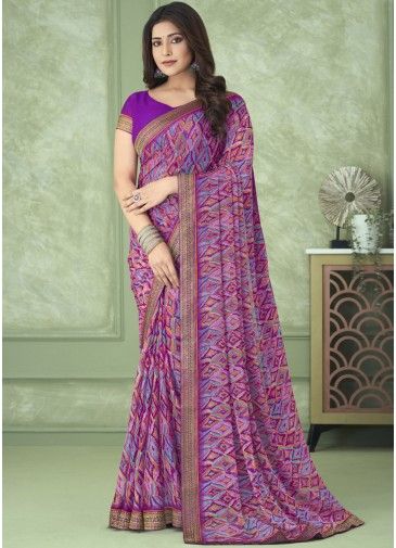 Purple Printed Saree In Chiffon