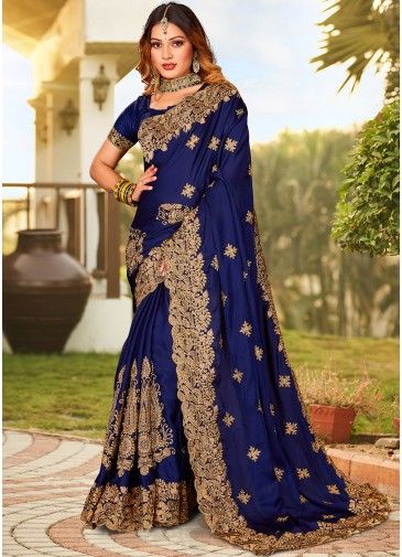 Navy Blue Embroidered Saree In Satin