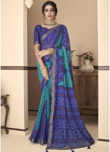 Blue Bandhej Printed Saree In Chiffon