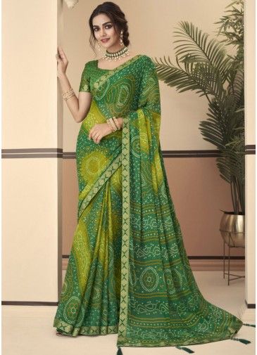 Green Bandhani Printed Saree & Blouse