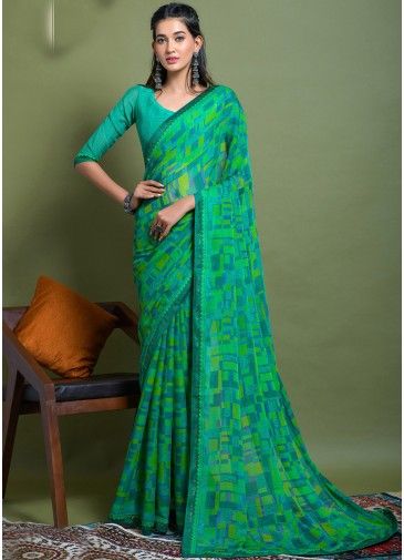 Green Printed Saree In Crape
