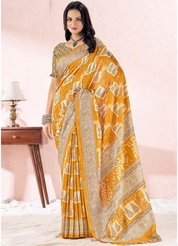 Yellow Chiffon Silk Saree In Print
