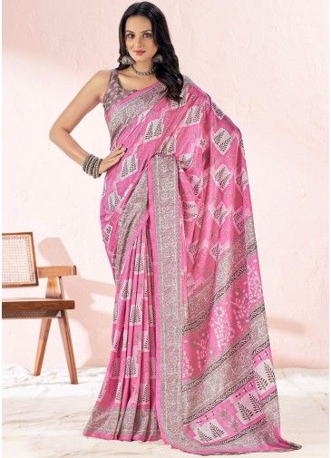 Pink Printed Saree In Chiffon Silk