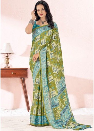 Green Printed Chiffon Silk Saree & Blouse