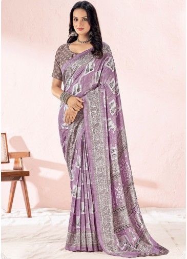Purple Printed Chiffon Silk Saree 