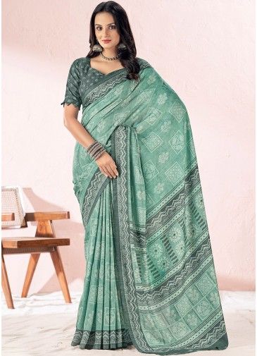 Green Printed Chiffon Silk Saree & Blouse