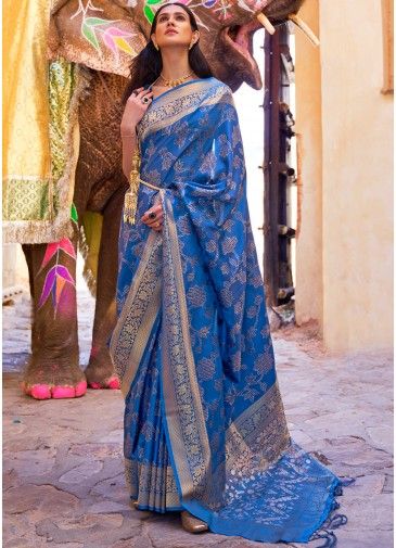 Blue Silk Saree In Zari Woven Work