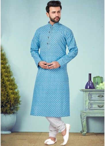 Blue Readymade Printed Cotton Silk Kurta Churidar Set