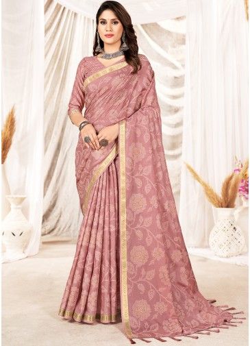 Pink Satin Silk Saree In Foil Print