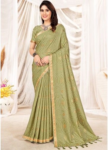 Green Foil Printed Saree In Satin Silk