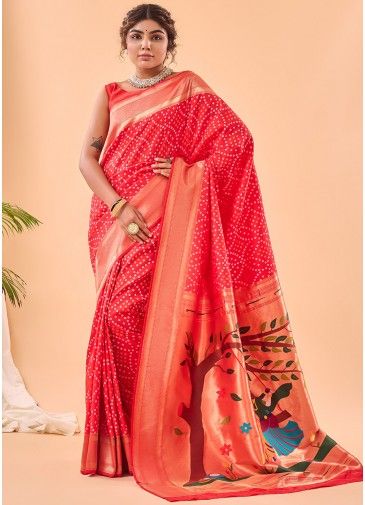 Red Art Silk Saree In Bandhej Print