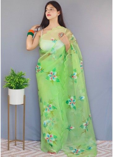 Green Floral Printed Saree In Organza
