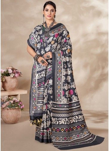 Black Digital Floral Printed Saree & Shawl