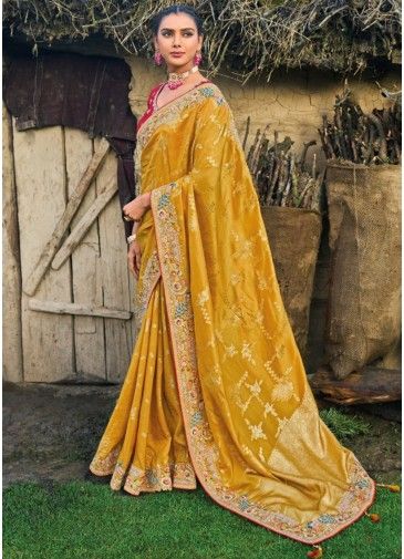 Mustard Yellow Art Silk Saree In Woven Work