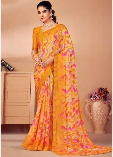 Yellow & Pink Chiffon Saree In Abstract Print