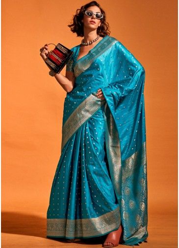 Blue Zari Woven Saree In Satin