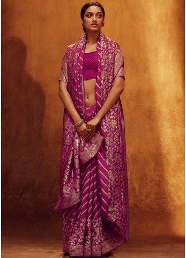 Pink Viscose Saree In Zari Woven Work