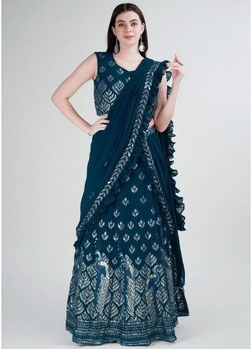 Blue Readymade Embroidered Saree In Georgette