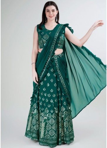 Green Readymade Embroidered Saree In Georgette