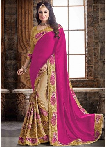 Pink & Beige Half N Half Satin Silk Saree In Thread Embroidery