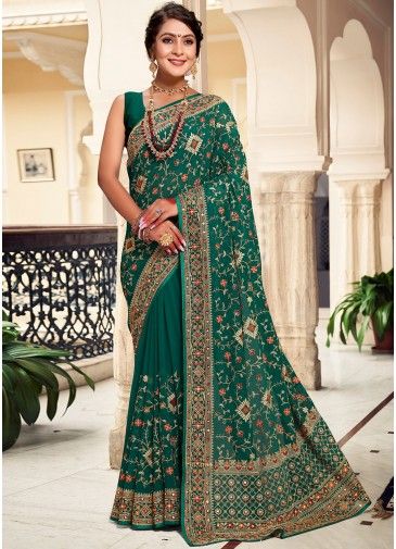 Green Georgette Saree With Embroidered Pallu