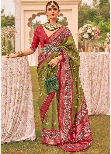 Green Patola Printed Saree In Art Silk