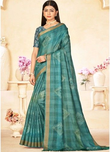 Blue Printed Saree In Linen