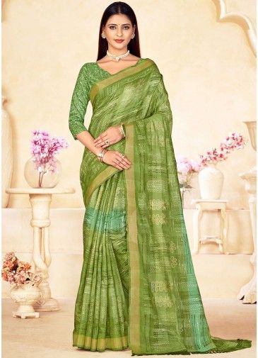 Green Printed Saree In Linen
