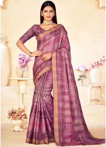 Purple Printed Saree In Linen