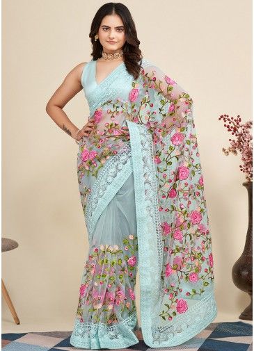 Blue Embroidered Saree In Net