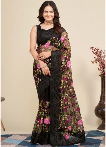 Black Embroidered Saree In Net