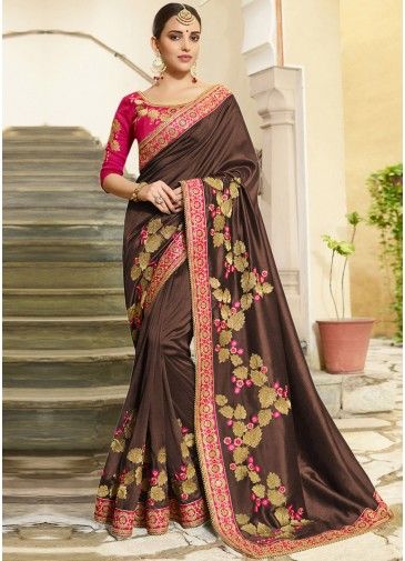 Brown Embroidered Saree In Chiffon