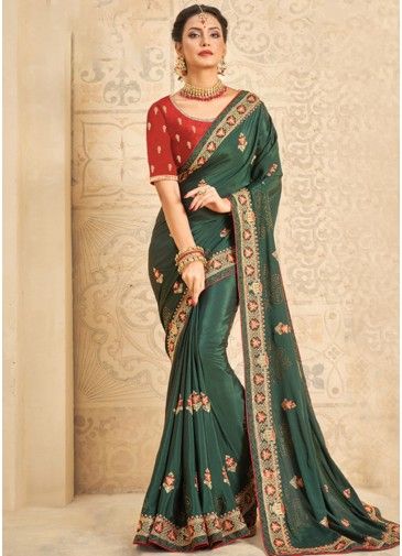 Green Embroidered Saree In Art Silk 