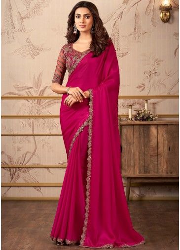 Pink Plain Saree In Satin Silk